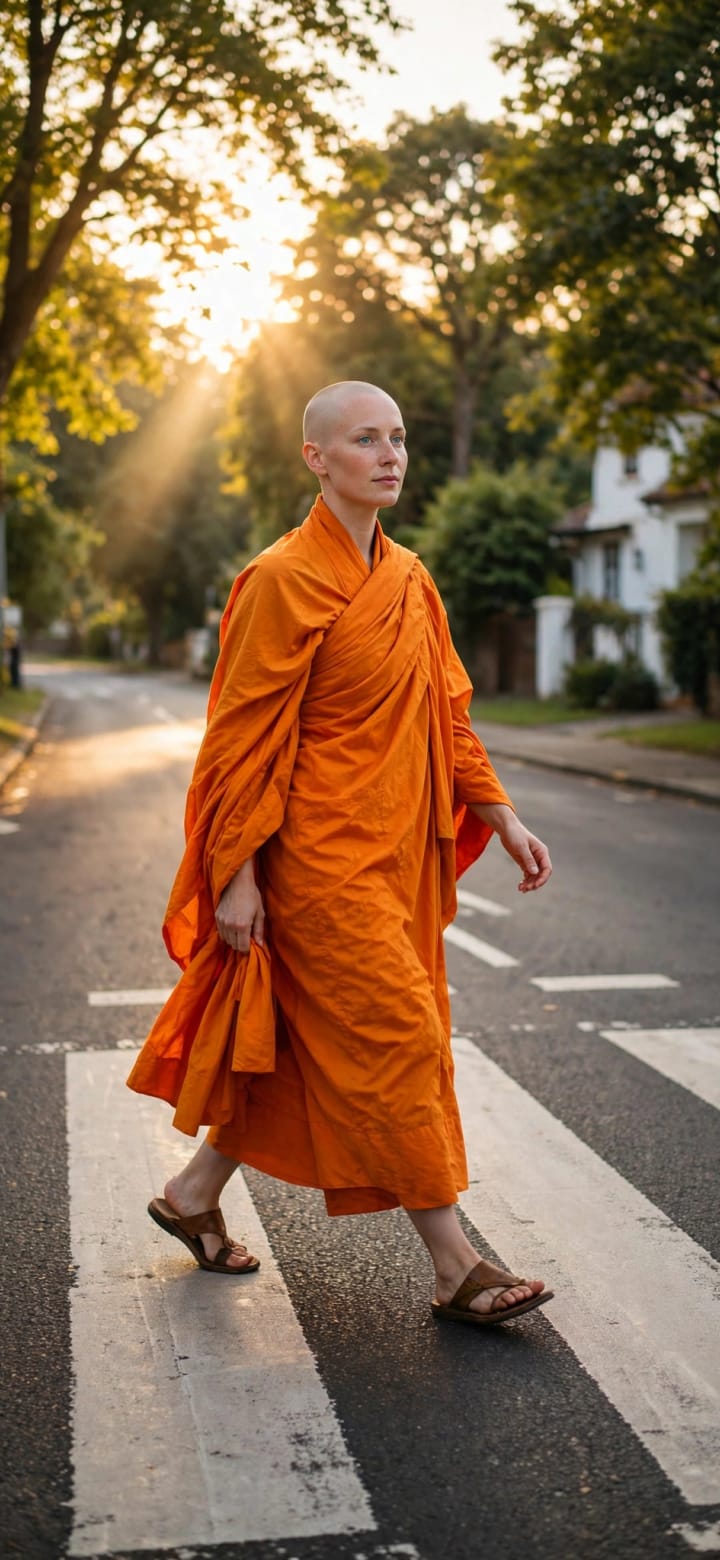 Eine buddhistische Nonne überquert im Abendlicht einen Zebrastreifen.