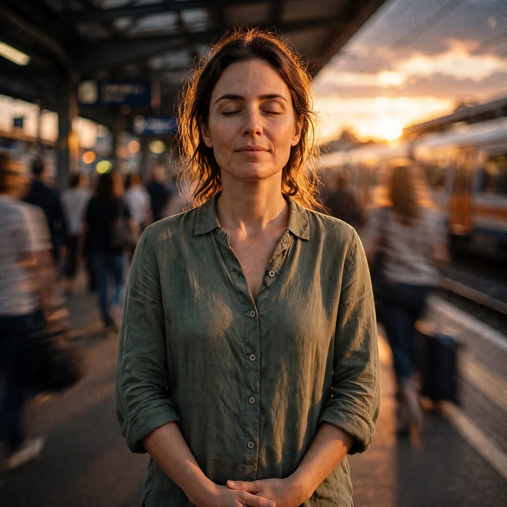Eine Frau steht mit geschlossenen Augen auf einem Bahnsteig im Abendlicht, während die Menschen um sie herum vorbeieilen.